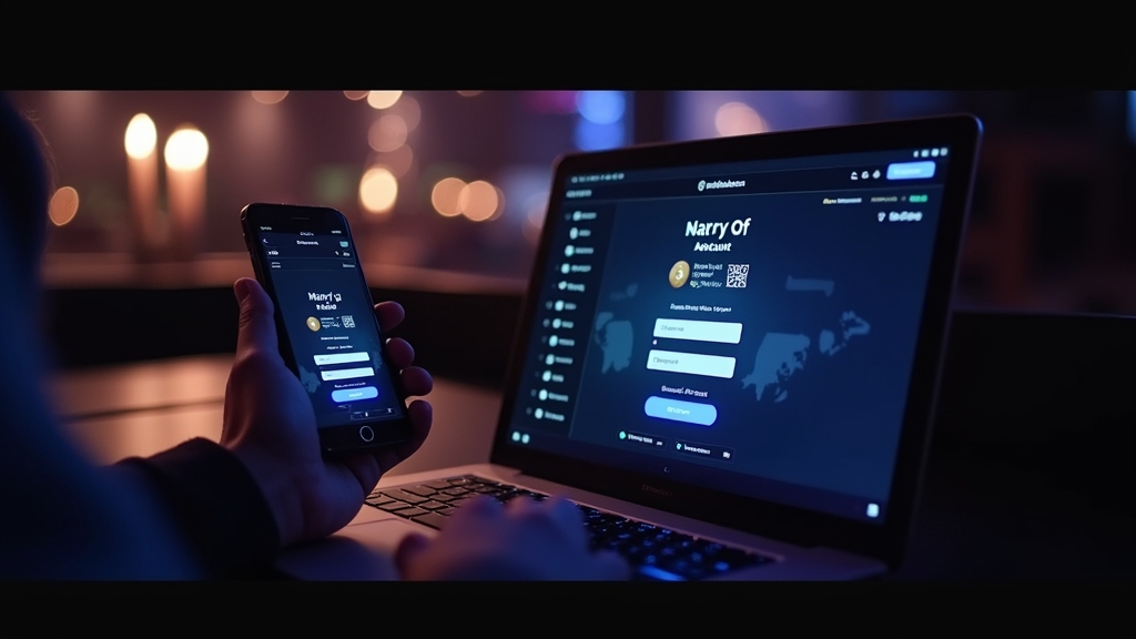 Laptop und Smartphone zeigen einen Casino-Login-Bildschirm in einer dunklen Lounge