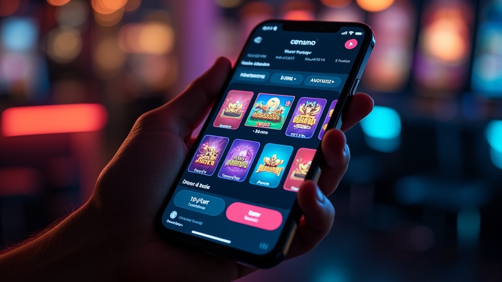 Smartphone displaying a casino lobby with game tiles and account tools
