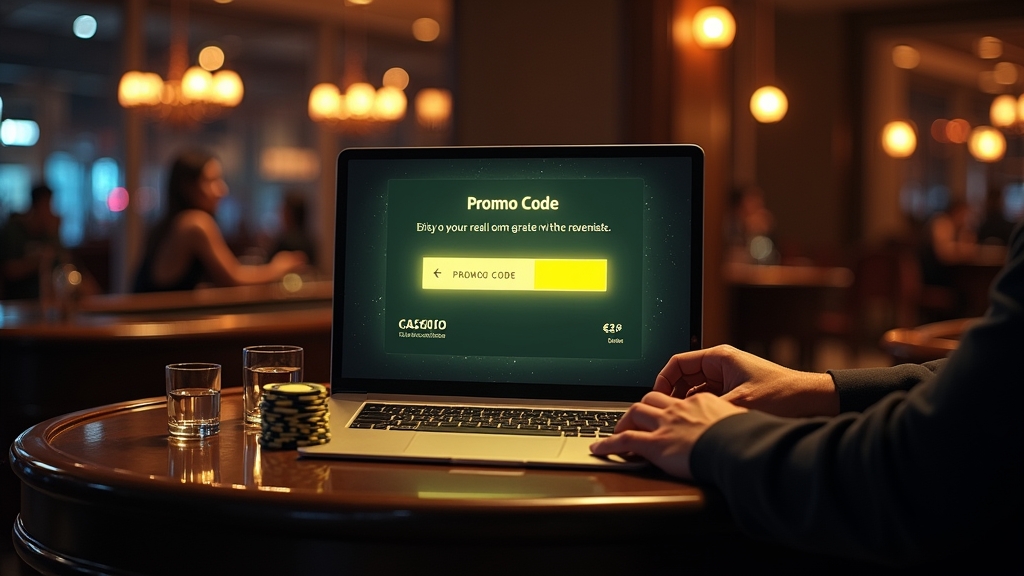 Joueur saisissant un code promo sur un écran d’inscription de casino sombre